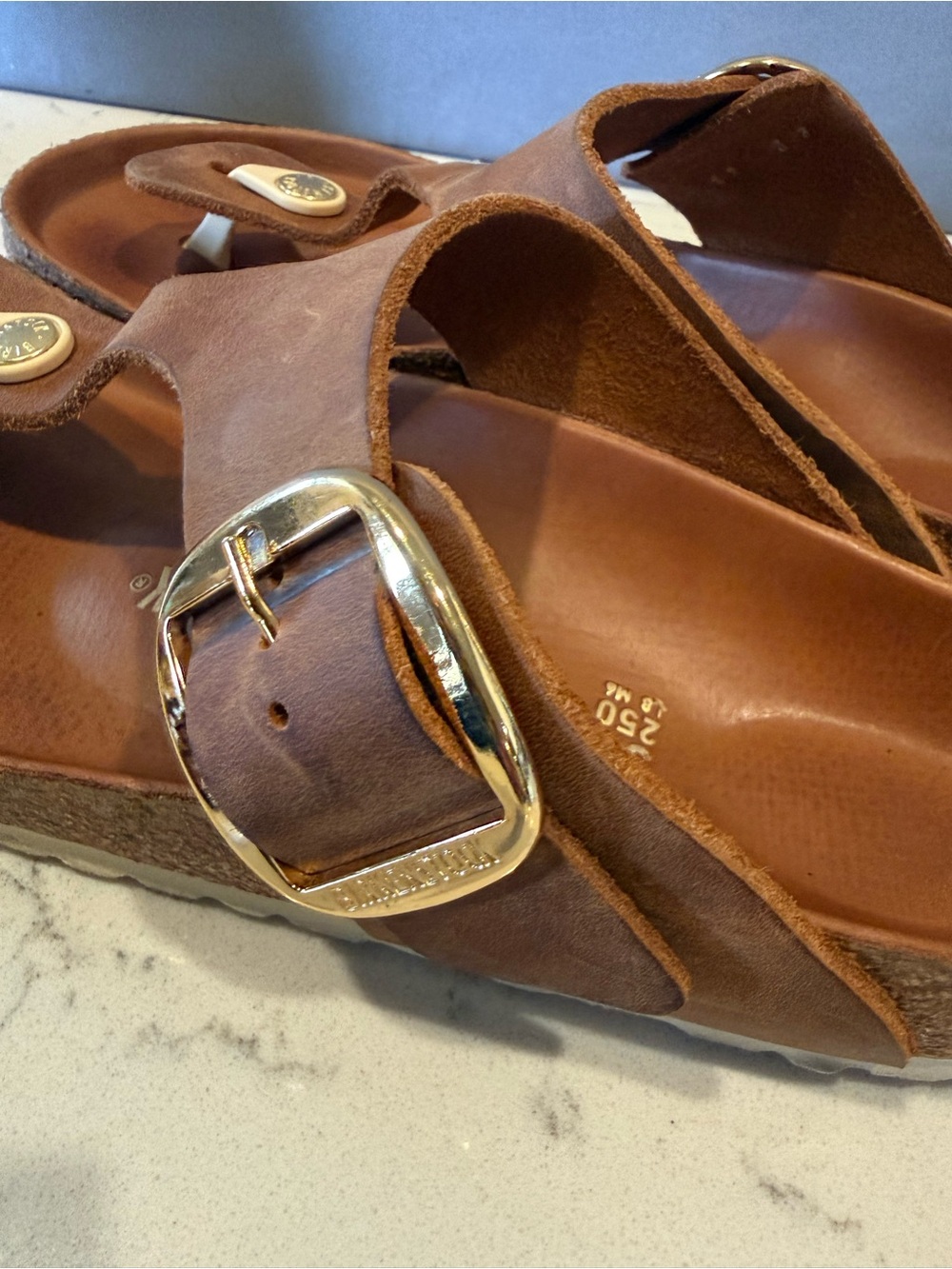 Birkenstock Brown Leather T-Strap Sandals with Gold Accents - Picture 4 of 16
